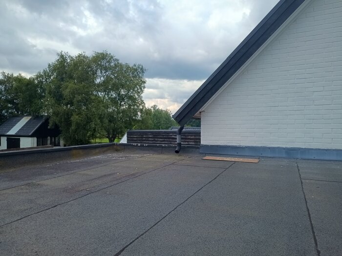 Platt tak med tjärpapp på utbyggnad bredvid vitmålad husgavel. Takränna syns mot trädsiluett i bakgrunden under molnig himmel.