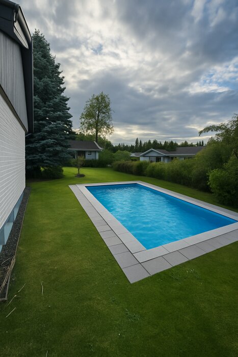 Rektangulär pool i en grön trädgård vid ett hus, omgiven av träd och buskar under molnig himmel.