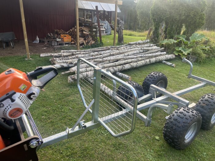 En orange motorsåg, en släpvagn och lösa björkstockar ligger på en gräsmatta framför en röd byggnad.