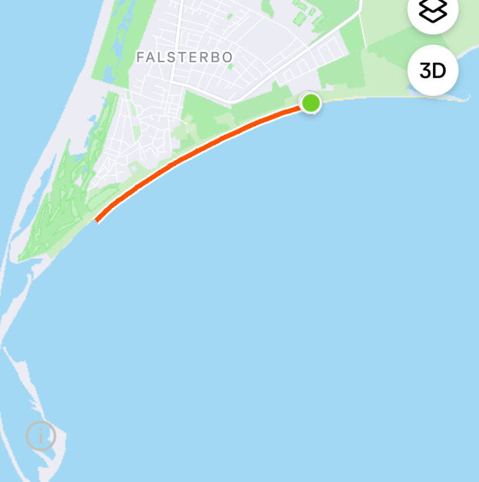 Karta över Falsterbo med markerad vandrings- eller löprutt längs kusten, visad som röd linje.
