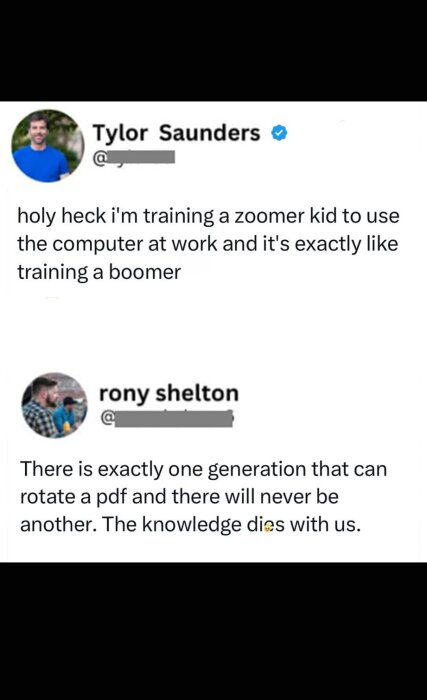 Två skämtinlägg om generationers tekniska färdigheter och datorkunskaper, med en humoristisk ton.