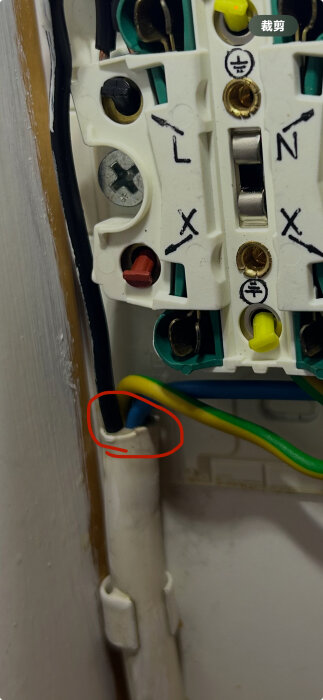 Närbild av ett elektriskt uttag med synliga ledningar och skruvar, där den exponerade fasledaren saknar isoleringstejp. En röd cirkel markerar delen.