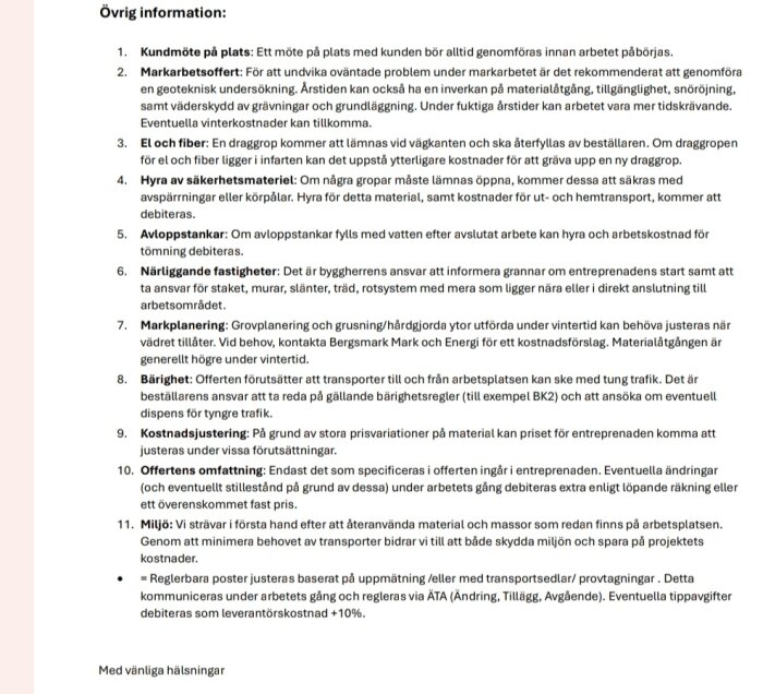 Offert från ett byggföretag som listar olika kostnader och poster för markarbete på en plan tomt i Stockholmsområdet, inklusive geoteknisk undersökning.