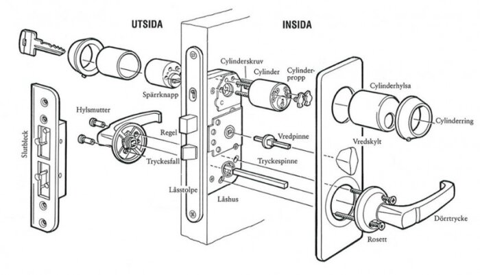 Illustration av låsmekanismens komponenter, inklusive cylinder, låshus, slutbleck och dörrtrycke, med både utsida och insida visade.
