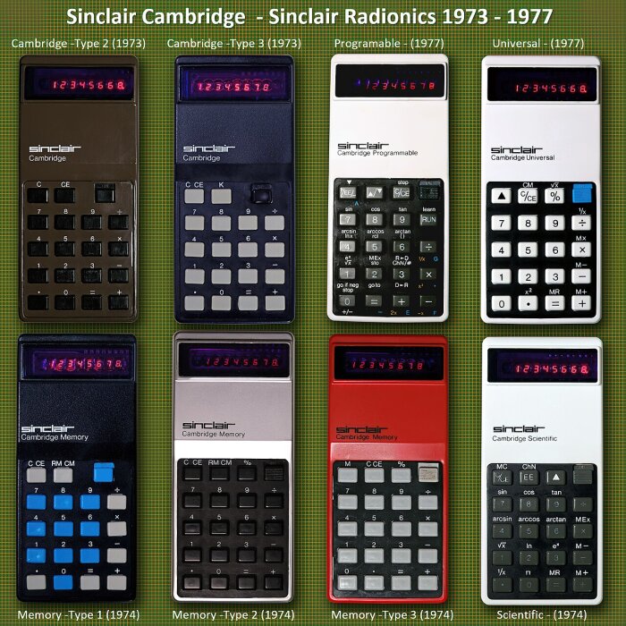 Olika modeller av Sinclair Cambridge miniräknare från 1973-1977 visas uppradade, med löpande nummer i displayen.