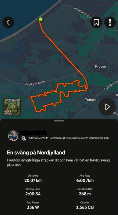 Karta över en cykeltur i Nordjylland, 20 km distans, tid 2 timmar, medeltempo 6:00/km, höjdökning 368 m, förbrända kalorier 1563.
