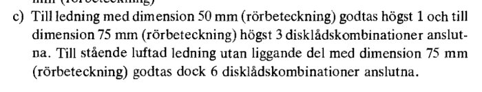 Text från Svensk byggnorm 1980 om dimensionering av ledningar för diskhoar, med regler för olika rördimensioner och antal tillåtna diskhoar.