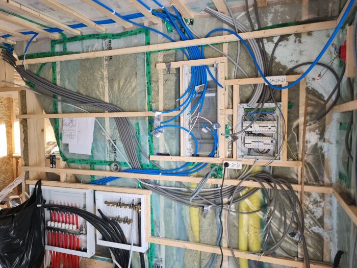 El- och nätverksinstallation i träregelvägg med blå och grå kablar, fördelningscentraler och monterade skivor med klammer.