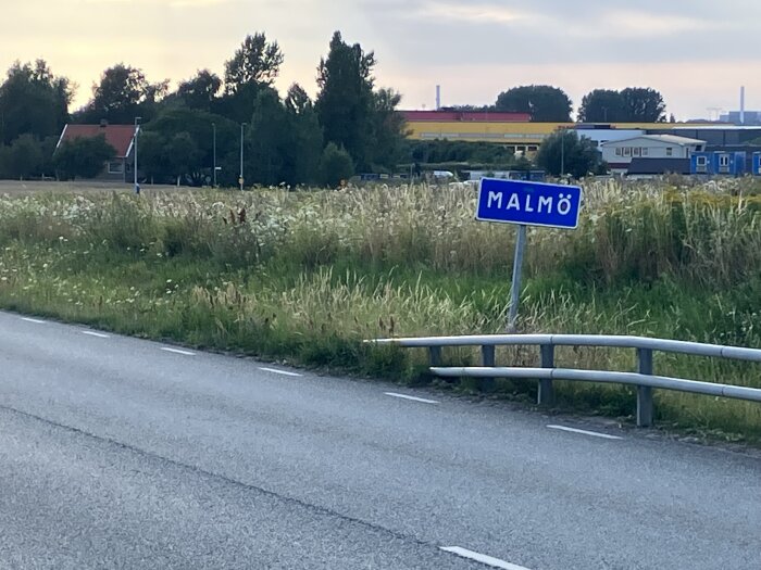 Vägskylt med texten "Malmö" vid en landsväg, omgiven av gräs och fält, med industribyggnader och skog i bakgrunden.