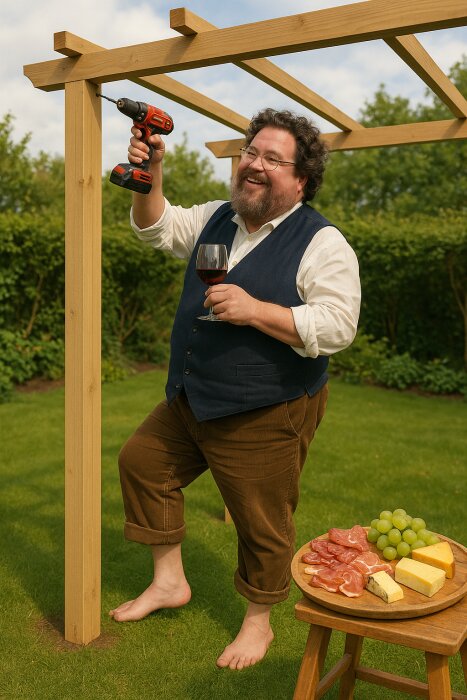 Man i trädgården håller en borrmaskin och ett glas vin, står bredvid en trästruktur. Ett fat med ost, skinka och vindruvor syns.