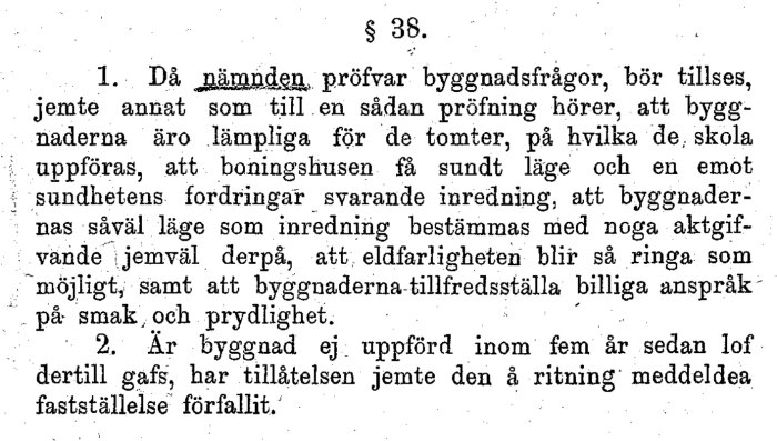 Text från 1874 års byggnadsstadga om byggnadsfrågor och regler för huskonstruktion och säkerhet.