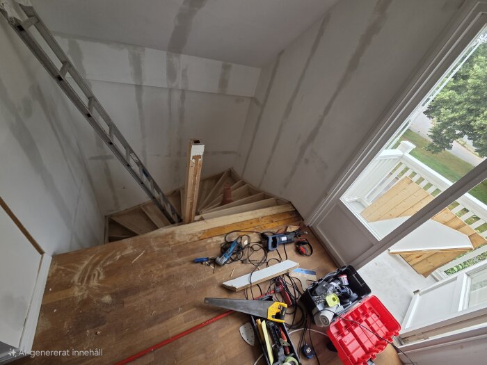 Renovering av trappa med halvfärdigt trappräcke, stege lutad mot väggen och verktyg spridda på golvet.