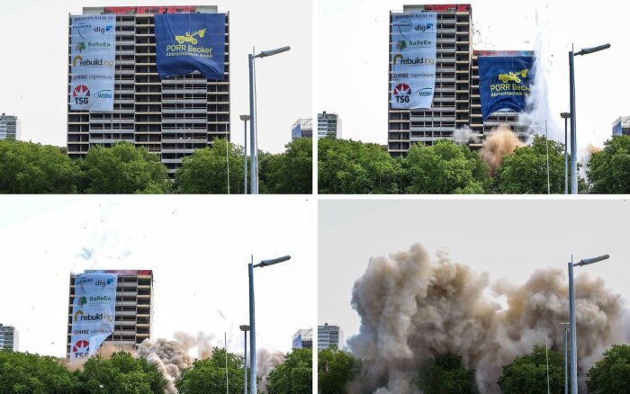 Byggnad rivs med sprängning, bildsekvens visar explosion och dammoln.