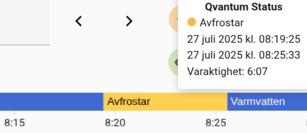 Tidslinje som visar avfrostnings- och varmvattensstatus med detaljerad tidsstämpel den 27 juli 2025.