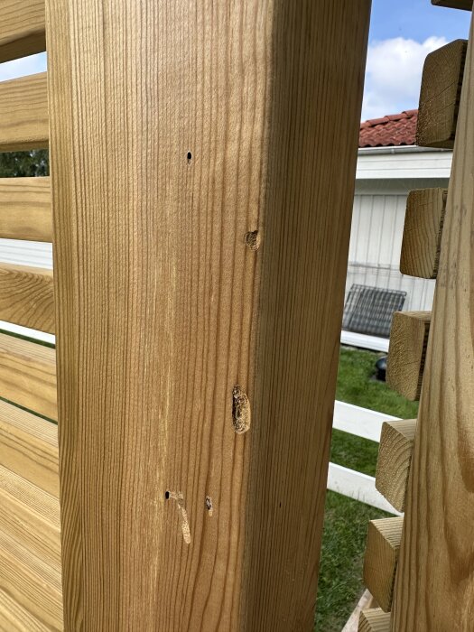 Tryckimpregnerad trästolpe med små hål och skador, möjligtvis orsakade av insekter. Bakgrunden visar gräsmatta och husfasad.