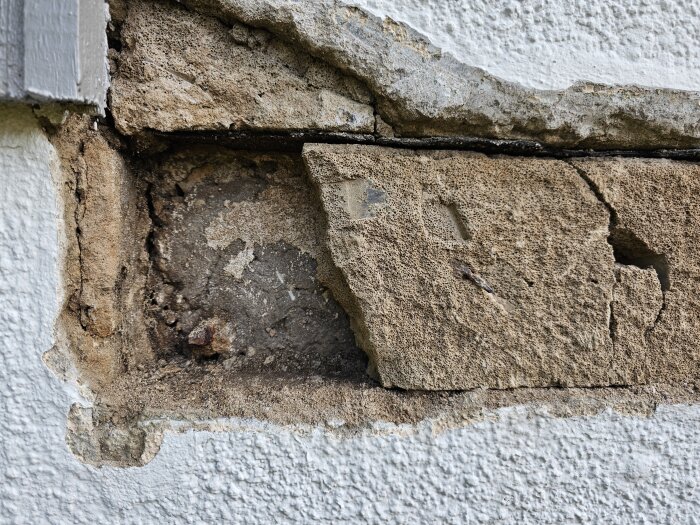 Skadat puts på garagets vägg med synliga sprickor och lösa stenar under, troligen från souterränghus byggt 1962, avtäckt för reparation.