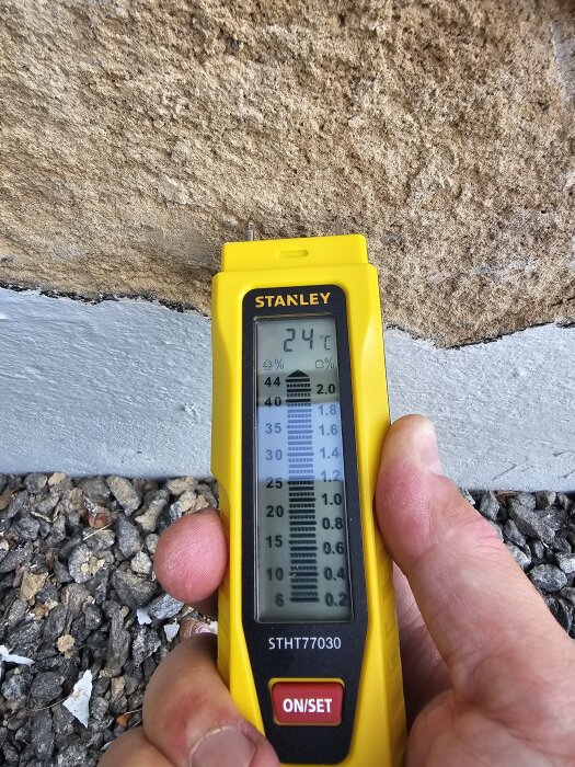 Gul fuktmätare hålls mot betongvägg, visar 24°C och 44% fuktighet. Lätt murbruk ovanför, omgiven av grus nedanför.