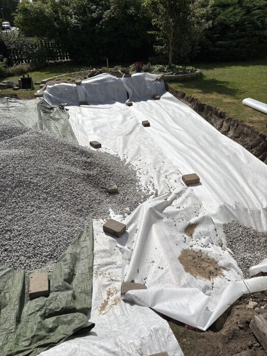 Byggprojekt med grus och markduk i en utgrävd yta. Stenar håller markduken på plats, omgivna av gräsmatta och häckar i bakgrunden.