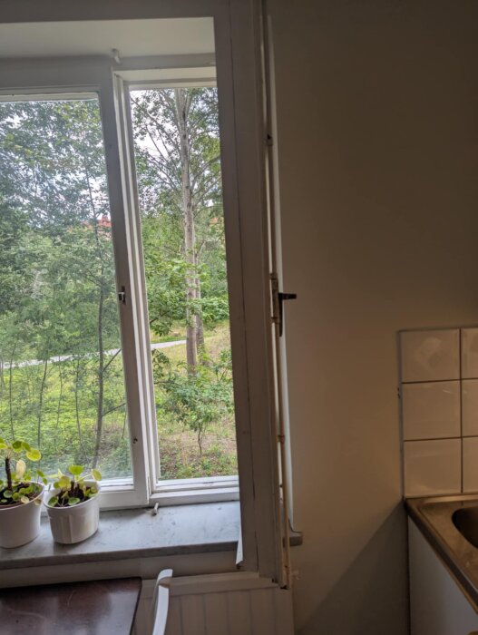 Öppen köksfönsterbåge med utsikt mot trädgård, synlig skruv på sidan.