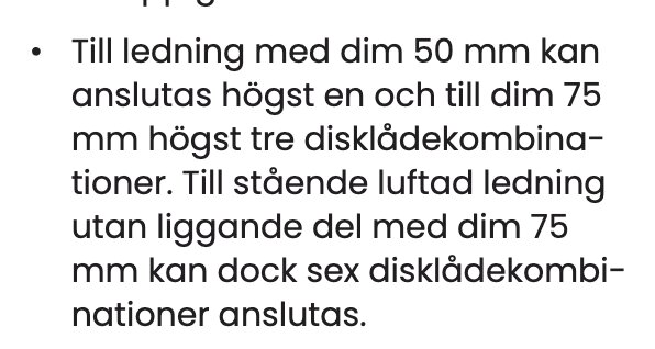 Text om dimensionering av disklådekombinationer i avloppsledningar enligt VVS-handboken och SBN1980 standarder, specificerar max antal anslutningar.