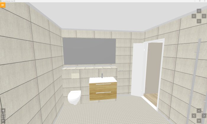 3D-design av ett badrum med vägghängd toalett, trägolv, spegel och vit kommod med handfat samt öppen dörr.