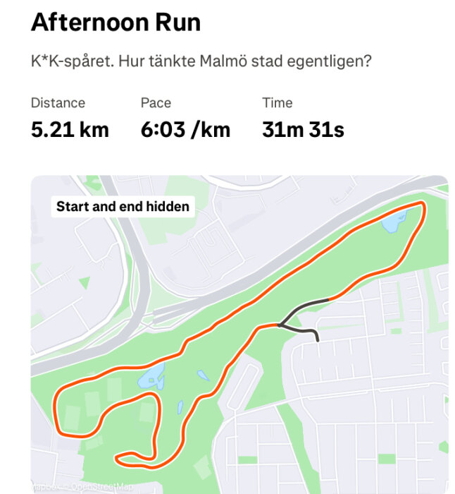 Karta över en löprunda på 5,21 km i Malmö med start och slutpunkt gömda. Tiden är 31m 31s och tempot är 6:03 min/km.
