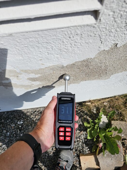 Fuktmätare som visar 31,1% fuktighet, använd mot en husvägg med avskavd puts.