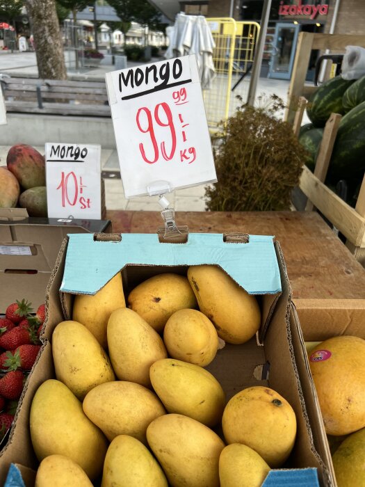 Låda med gula mango till salu för 99 kronor per kilo på en marknad. Skyltar i bakgrunden visar säljområde med andra frukter.