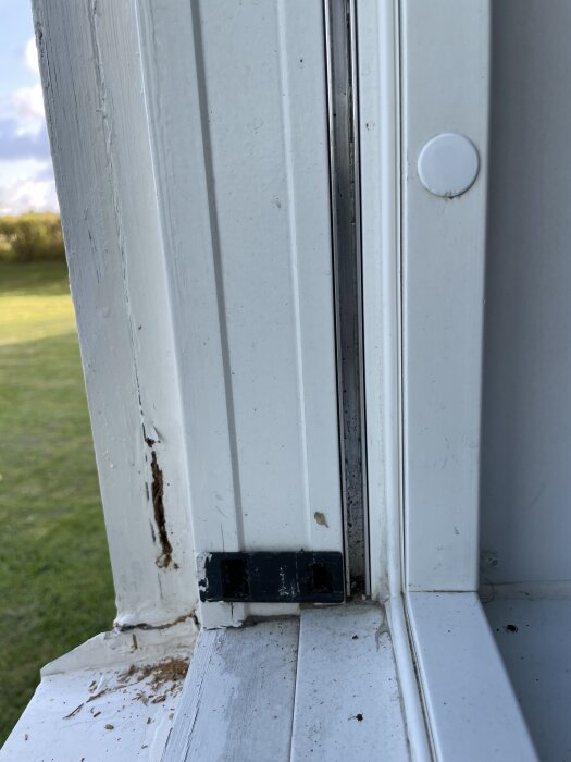 Rötskadat och sprucket fönsterfoder med synlig plastremsa och smuts, två delar sammanfogade, gräsmatta i bakgrunden.