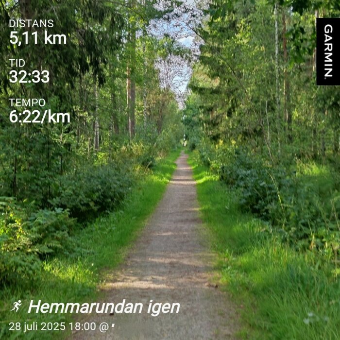 Löparstig genom lummig skog med distans, tid och tempo från en löprunda. Garmin-logotyp och text "Hemmarundan igen" syns på bilden.