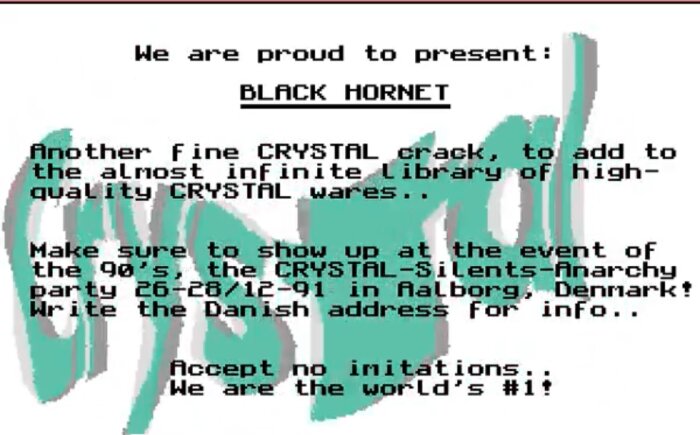 Demogruppen CRYSTAL presenterar 'Black Hornet', ett spelhack, med info om party i Aalborg, Danmark 1991.
