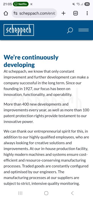 Scheppachs webbplats med text om kontinuerlig utveckling och förbättringar för innovation och effektiv tillverkning.