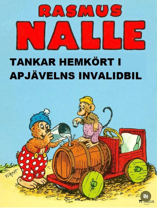 Tecknad björn med hängselbyxor som häller vätska från en kanna i en tunna medan en apa sitter ovanpå en leksaksbil gjord av en tunna.