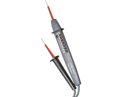 Spänningsprovare med två prober som används för att mäta olika spänningar mellan fas, nolla och jord i elektriska installationer.