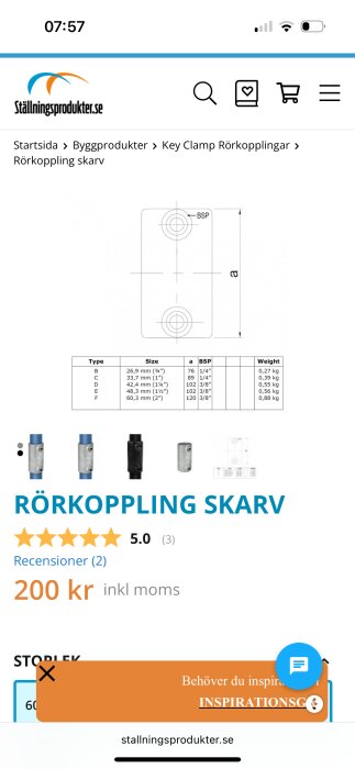 Diagram och produktbild av olika rörkopplingsskarvar med specifikationer och priser för byggändamål.