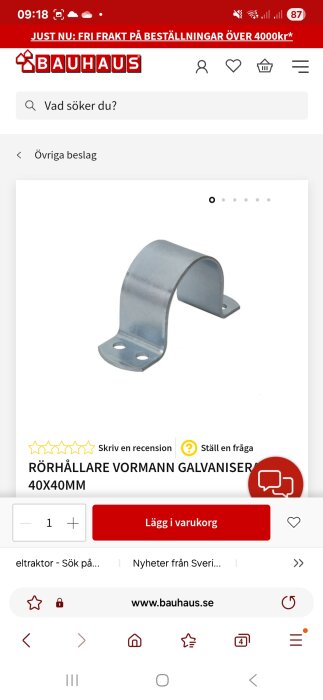 Galvaniserad rörhållare från Vormann, 40x40 mm, visas på en produktsida hos Bauhaus.