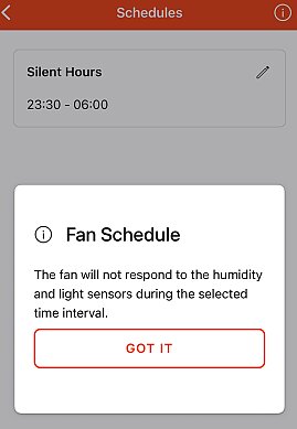 Appskärm med fläktens schemafunktion, visar "Silent Hours" inställda från 23:30 till 06:00, där fukt- och ljussensorer ignoreras.
