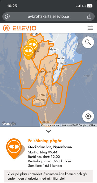 Karta över pågående strömavbrott i Stockholms län, Nynäshamn. Felsökning pågår, start 09:44, beräknas klart 12:00, 1651 kunder berörda.