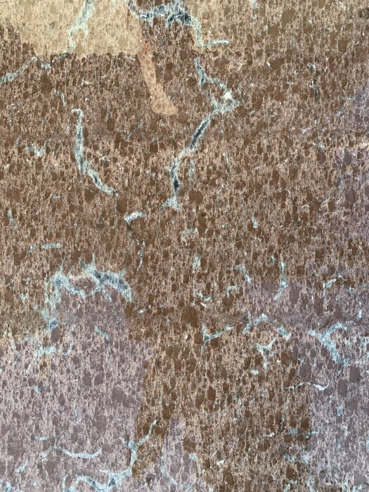 Närbild av blöt stenplatta med brun och beige marmorering och blågröna ådringar, visar detaljerat mönster och färg.
