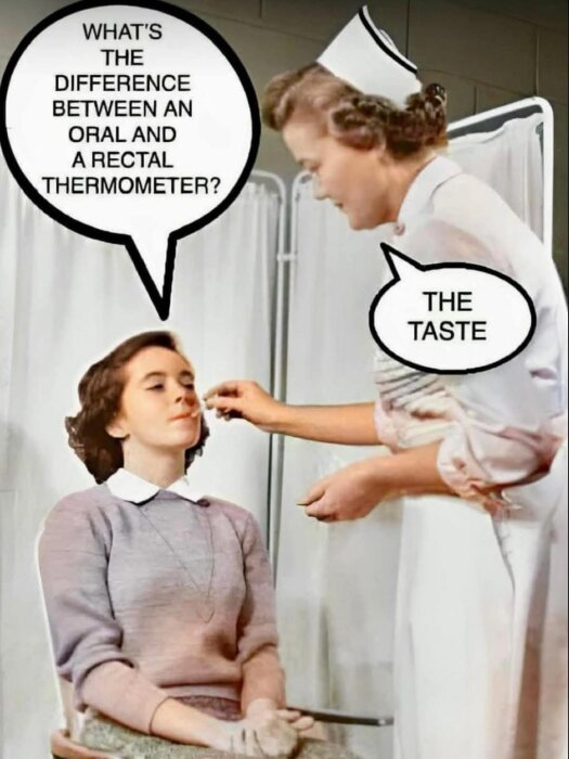En sjuksköterska med munskydd använder en termometer på en kvinna och skämtar om skillnaden mellan oral och rektal termometer.