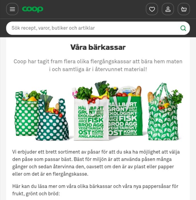Fyra flerbrukspåsar från Coop fyllda med matvaror som grönsaker och bröd, några med prickigt mönster och andra med text.