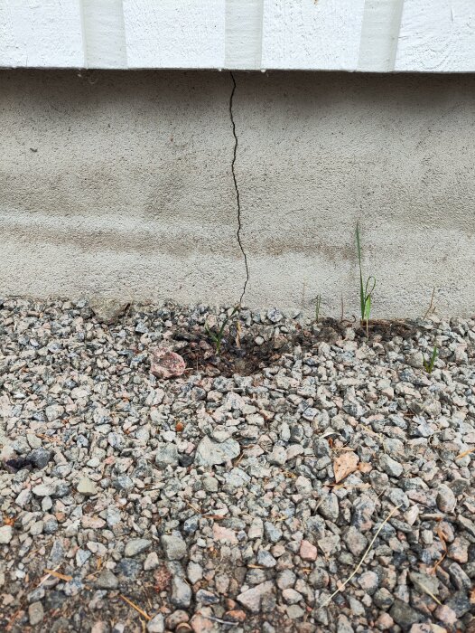 Spricka i husgrundens betong vid ett enplanshus, omgiven av grus och vegetation.