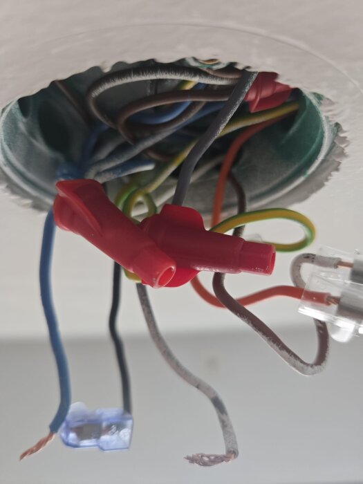 Elinstallation i taket med flera sladdar, inklusive en svart och en blå, kopplade med röda och genomskinliga kopplingsklämmor.