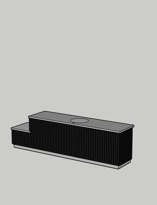 3D-skiss av ett utomhuskök med svart ribbpanel och en bänkskiva, samt en utskärning för diskho.