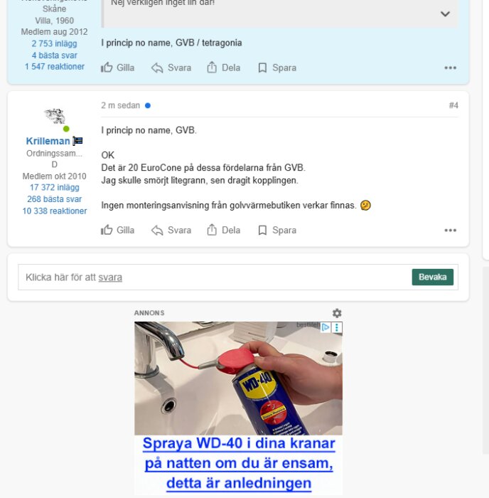 En hand sprayar WD-40 på ett handfat med texten "Spraya WD-40 i dina kranar på natten om du är ensam, detta är anledningen.