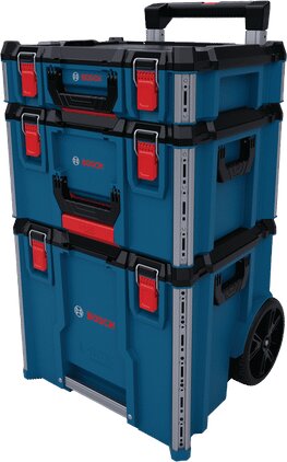 Blått och rött Bosch L'BOXX Contractor-set med tre stapelbara förvaringslådor på hjul och handtag.