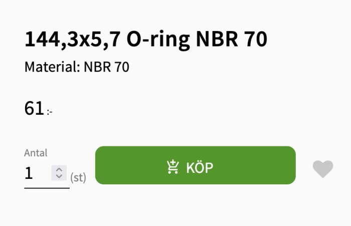 O-ring 144,3x5,7 mm NBR 70, pris 61 kr, köpknapp.