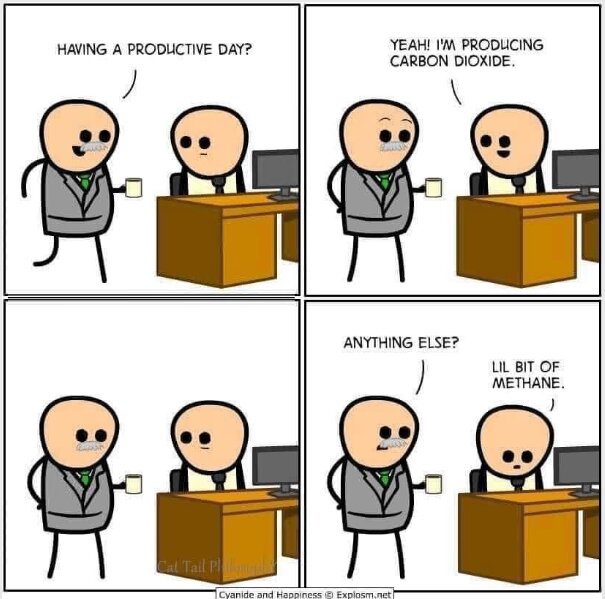 Två figurer vid ett skrivbord diskuterar produktivitet med humor; handlar om utsläpp av koldioxid och metan.