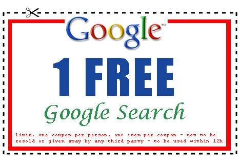 Skämtkupong för en gratis Googlesökning, med texten om begränsningar och användningstid på 12 timmar.