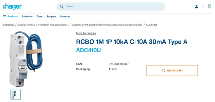 Hager RCBO modul, 1-modul bred, 1-polig, 10kA, C-10A, 30mA typ A, modell ADC410U med blå kabel och produktinformation.